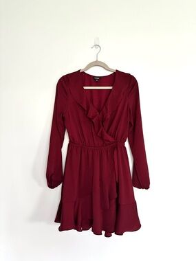 Express Burgundy Long-Sleeve Wrap Dress